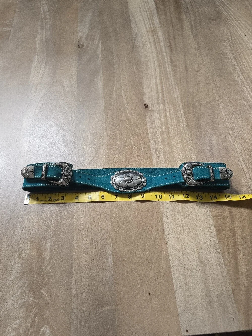 Vintage Western Double Buckle Belt Teal Turquoise Suede Concho Boho Womens S M - Picture 8 of 8